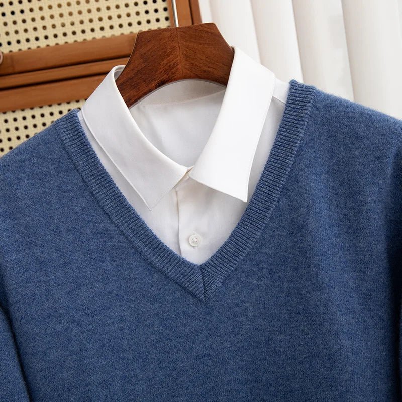 Men 100% Merino Wool Sweater V - Neck Pullover Autumn Winter Cashmere Warm Solid Knitwear Clothes Business Bottoming Soft Tops - PratSN