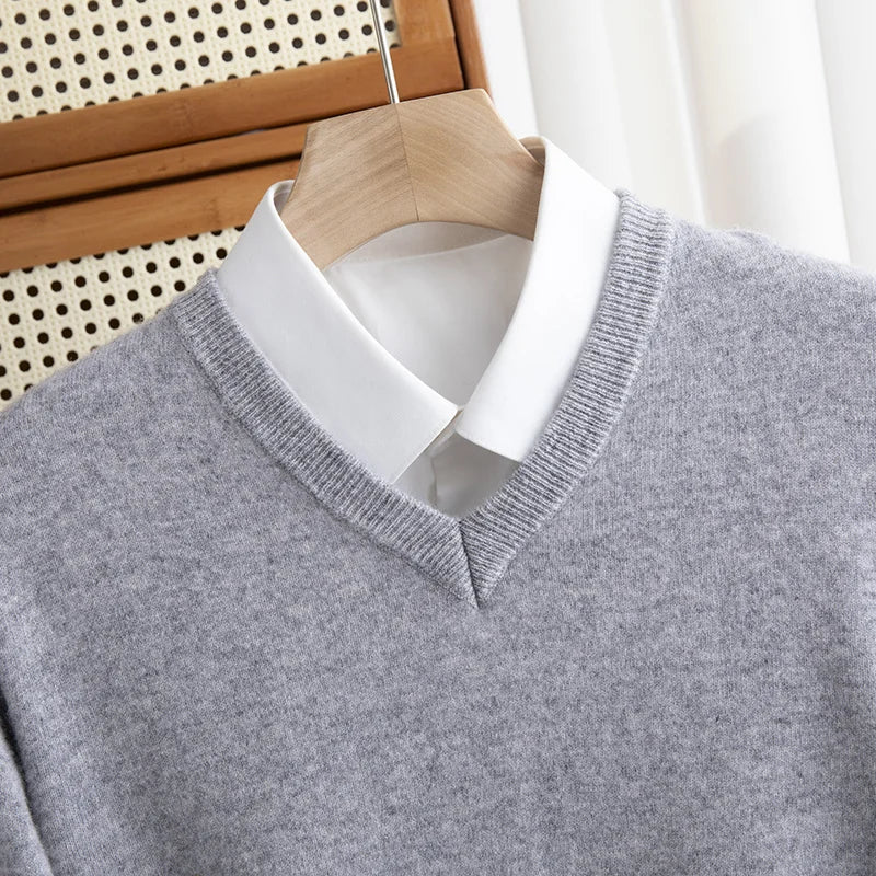 Men 100% Merino Wool Sweater V - Neck Pullover Autumn Winter Cashmere Warm Solid Knitwear Clothes Business Bottoming Soft Tops - PratSN