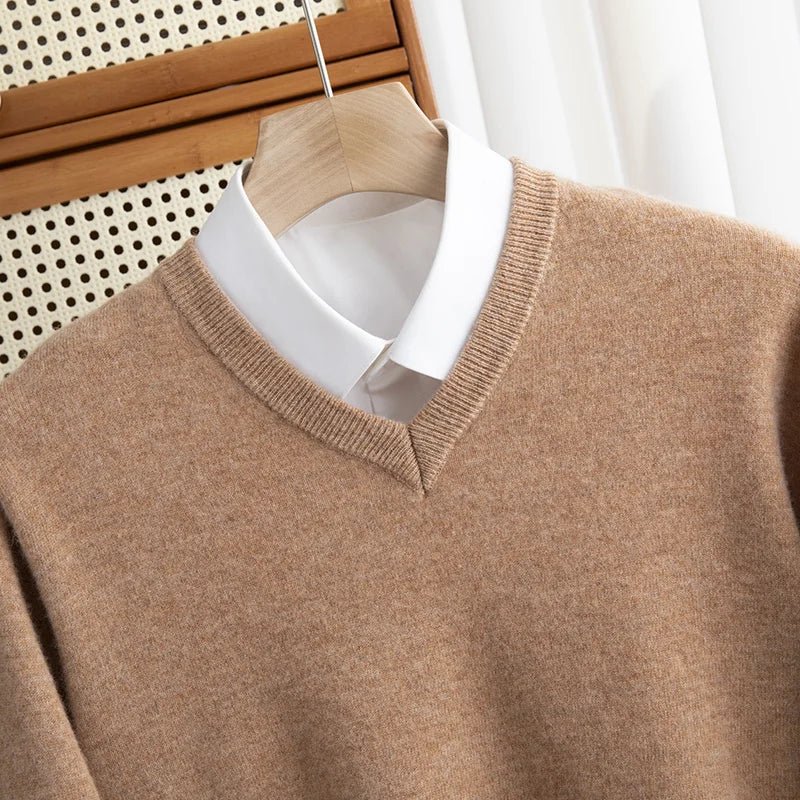Men 100% Merino Wool Sweater V - Neck Pullover Autumn Winter Cashmere Warm Solid Knitwear Clothes Business Bottoming Soft Tops - PratSN