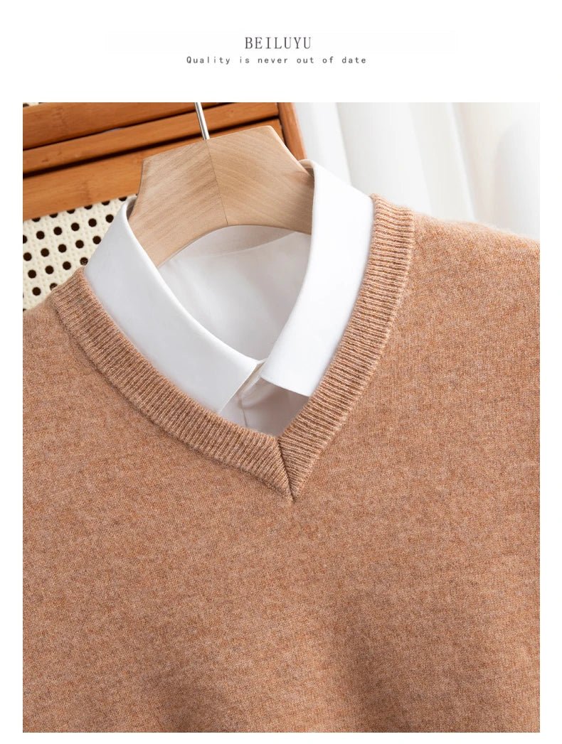 Men 100% Merino Wool Sweater V - Neck Pullover Autumn Winter Cashmere Warm Solid Knitwear Clothes Business Bottoming Soft Tops - PratSN