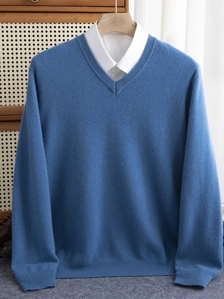 Men 100% Merino Wool Sweater V - Neck Pullover Autumn Winter Cashmere Warm Solid Knitwear Clothes Business Bottoming Soft Tops - PratSN