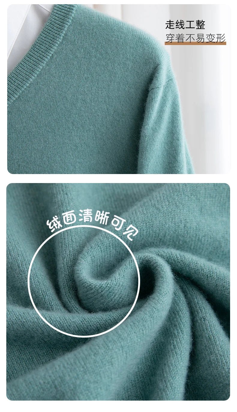 Men 100% Merino Wool Sweater V - Neck Pullover Autumn Winter Cashmere Warm Solid Knitwear Clothes Business Bottoming Soft Tops - PratSN
