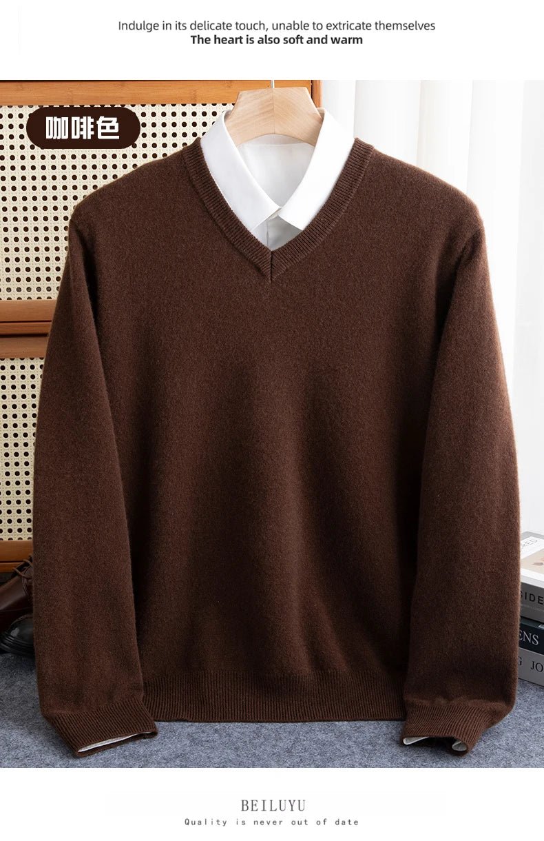 Men 100% Merino Wool Sweater V - Neck Pullover Autumn Winter Cashmere Warm Solid Knitwear Clothes Business Bottoming Soft Tops - PratSN