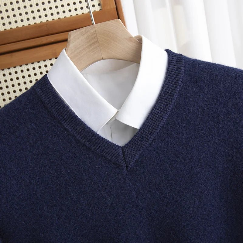 Men 100% Merino Wool Sweater V - Neck Pullover Autumn Winter Cashmere Warm Solid Knitwear Clothes Business Bottoming Soft Tops - PratSN