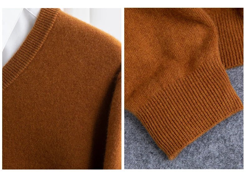 Men 100% Merino Wool Sweater V - Neck Pullover Autumn Winter Cashmere Warm Solid Knitwear Clothes Business Bottoming Soft Tops - PratSN