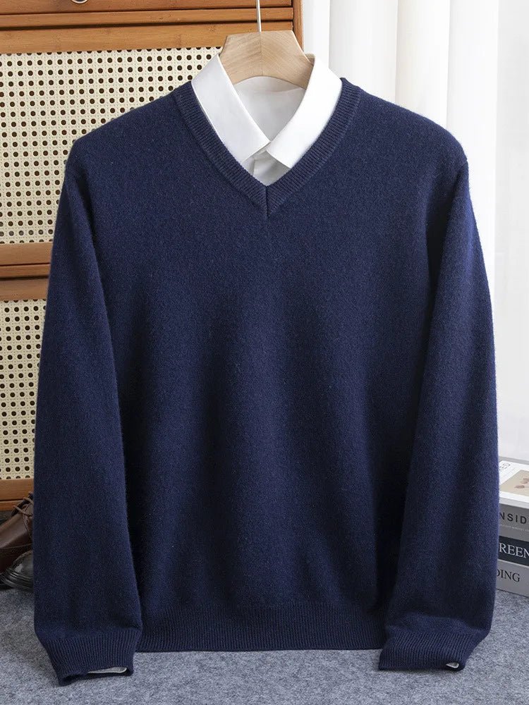 Men 100% Merino Wool Sweater V - Neck Pullover Autumn Winter Cashmere Warm Solid Knitwear Clothes Business Bottoming Soft Tops - PratSN