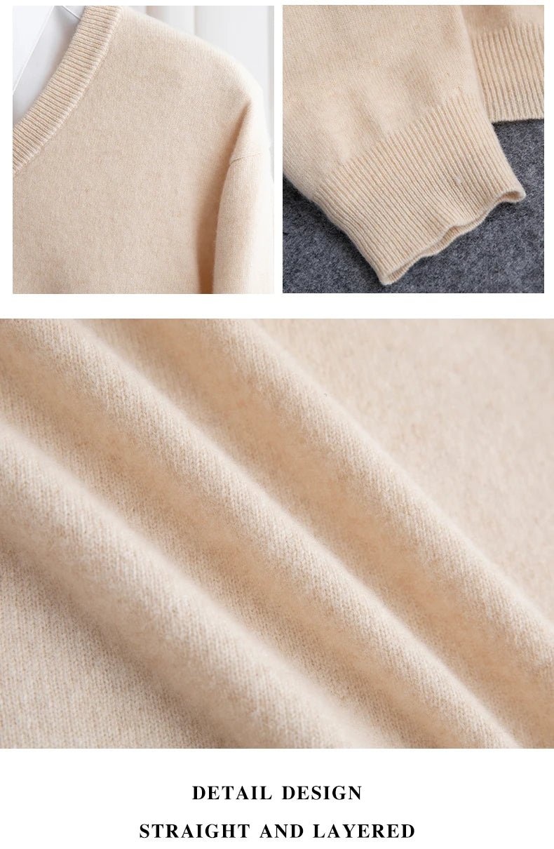 Men 100% Merino Wool Sweater V - Neck Pullover Autumn Winter Cashmere Warm Solid Knitwear Clothes Business Bottoming Soft Tops - PratSN