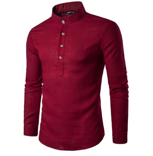 Men casual Shirt Cotton Linen Blended Mandarin Collar Breathable Comfy Style long sleeve shirts EU size - PratSN
