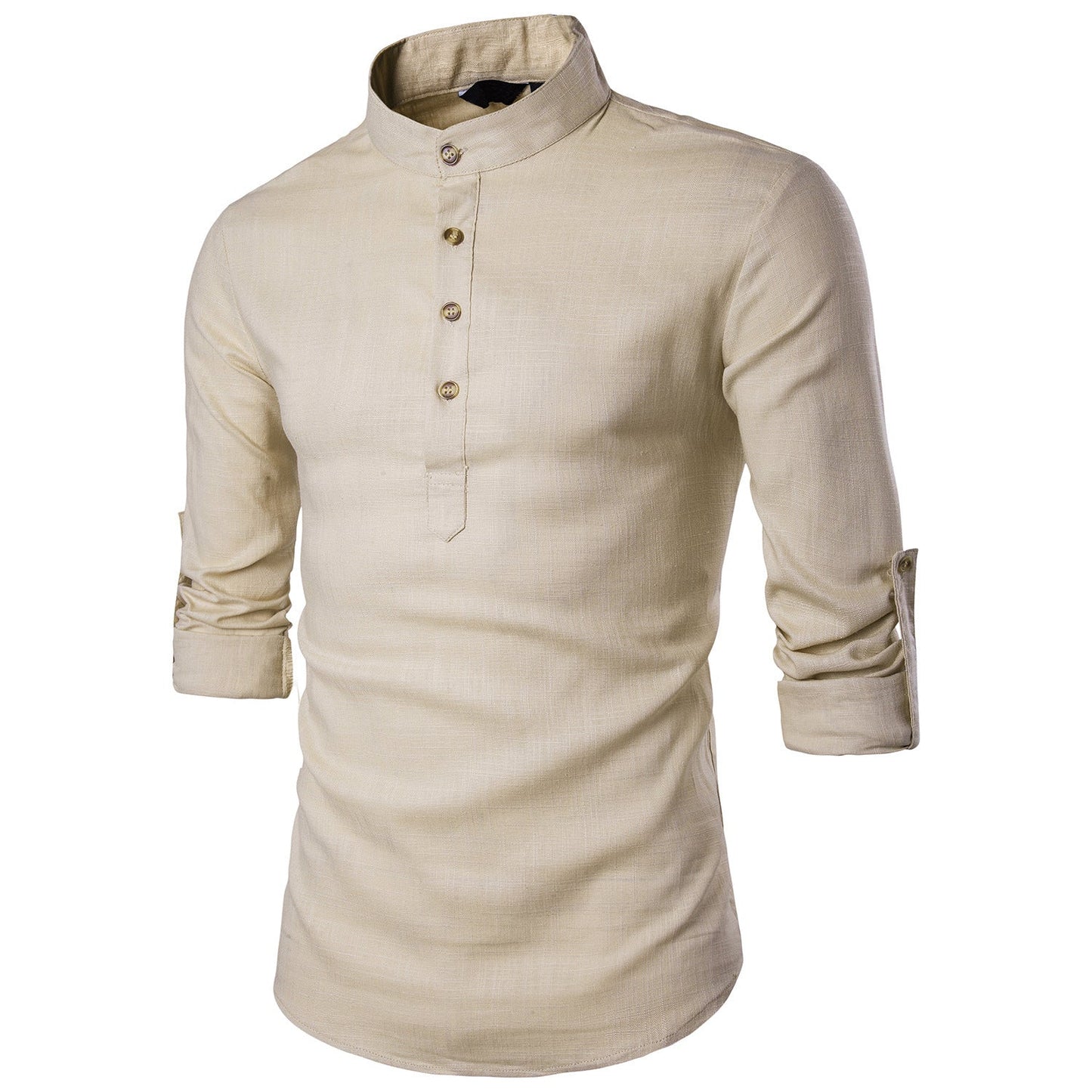 Men casual Shirt Cotton Linen Blended Mandarin Collar Breathable Comfy Style long sleeve shirts EU size - PratSN