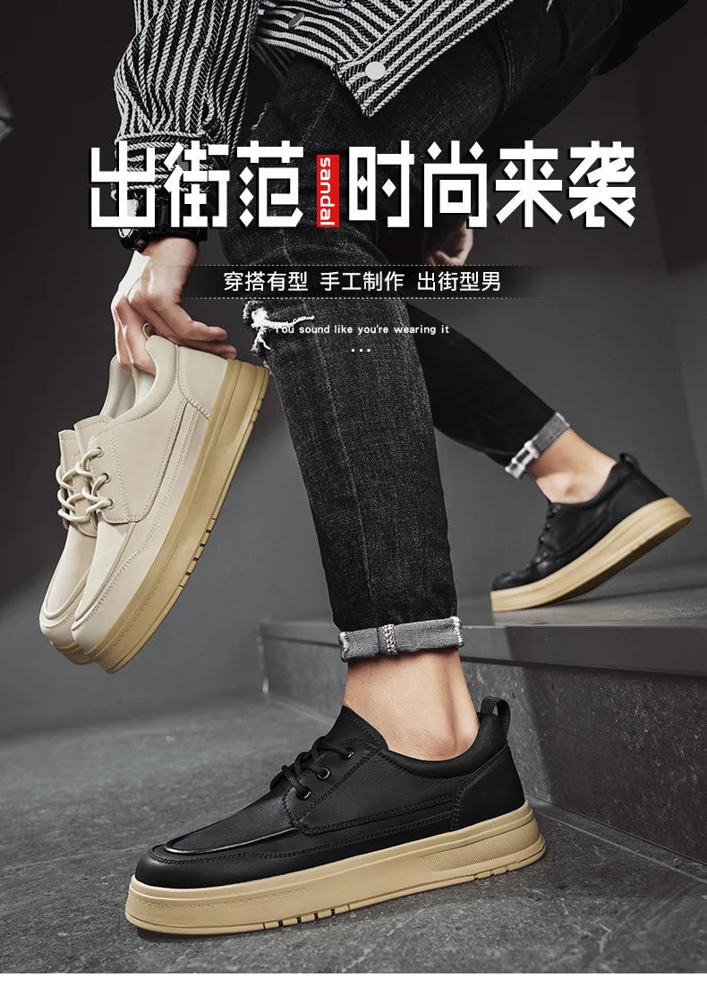 Men Casual Shoes High - Grade Leather Work Shoes Lace - up Flats Sneakers Platform British Business Party Dress Shoes For Male 39 - 44 - PratSN