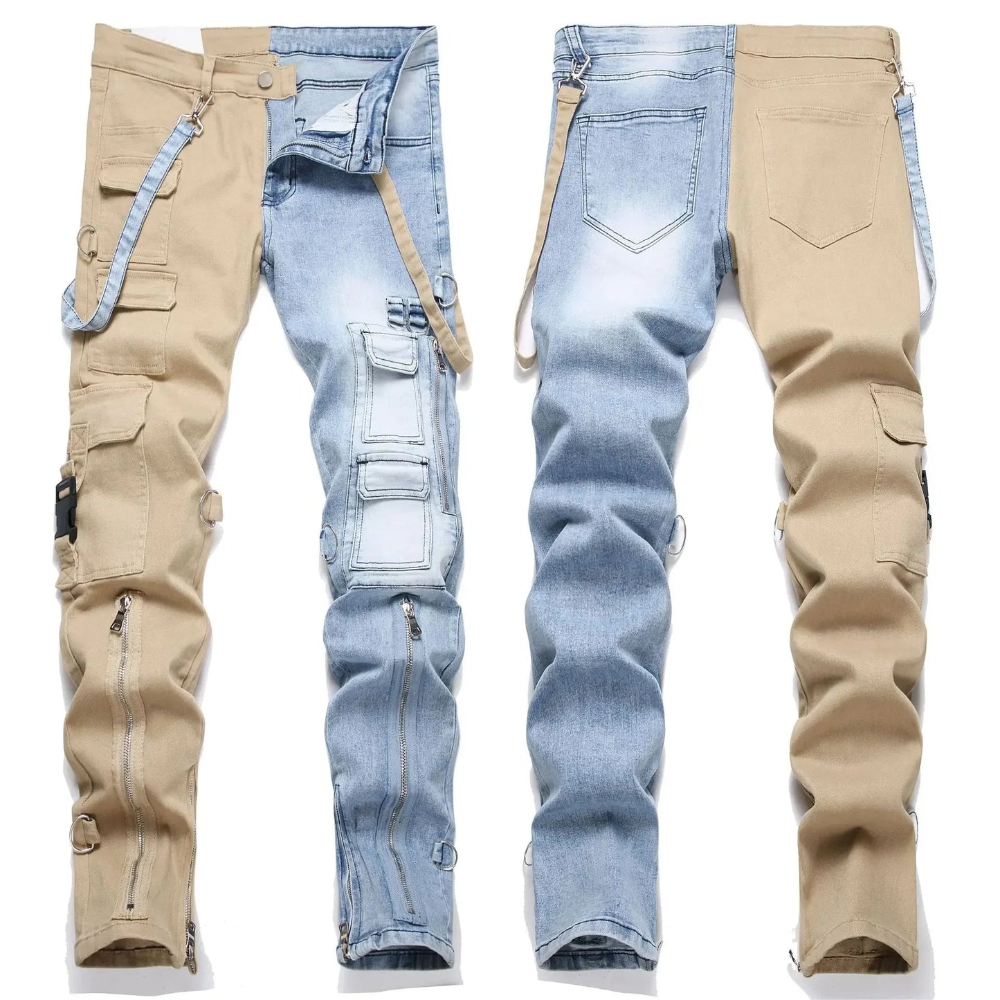 Men Jeans Long Pant Denim Pencil Pants Pockets Splice Zipper Slim Fit High Waist Regular Casual Straight Trousers Autumn Winter - PratSN