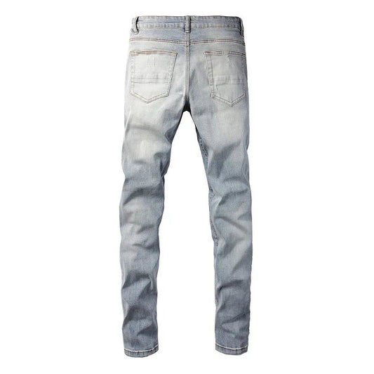 Men Leather Patches Denim Jeans Streetwear Holes Ripped High Stretch Pants Light Blue Skinny Tapered Trousers - PratSN