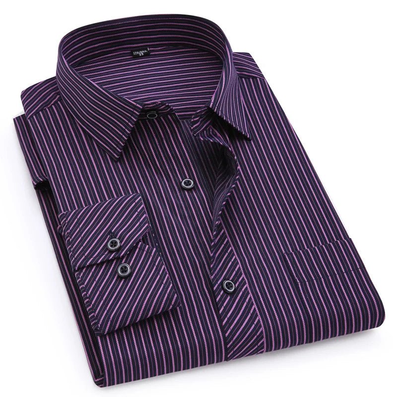 Men Plus Large Size Slim Fit Business Casual Long Sleeved Classic Striped Social Dress Shirts - PratSN