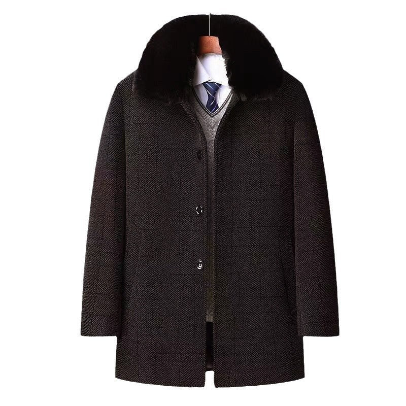 Men's Autumn And Winter Trench Coat Chenille Fleece - lined Fur Collar Woolen Coat - PratSN