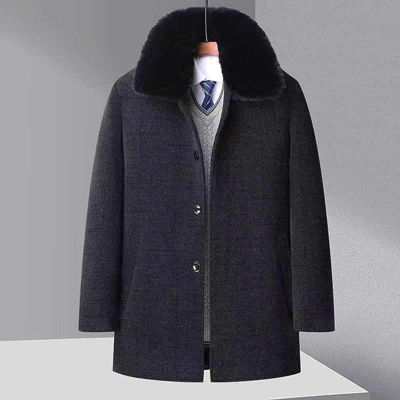 Men's Autumn And Winter Trench Coat Chenille Fleece - lined Fur Collar Woolen Coat - PratSN