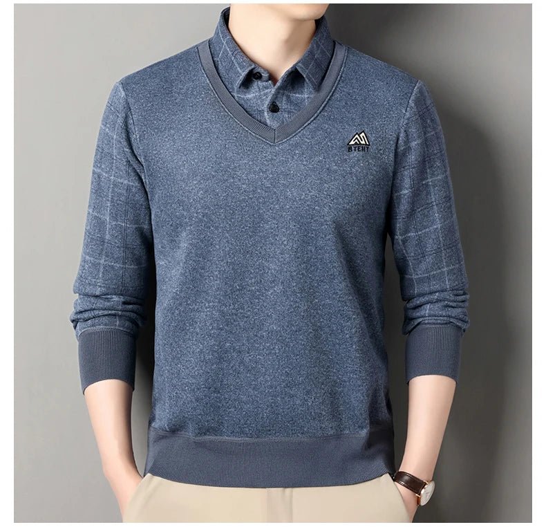Men's Autumn Winter Fleece Pullover Polo Collar Sweater Knitwear Stripe Sweaters Thick Warm - PratSN