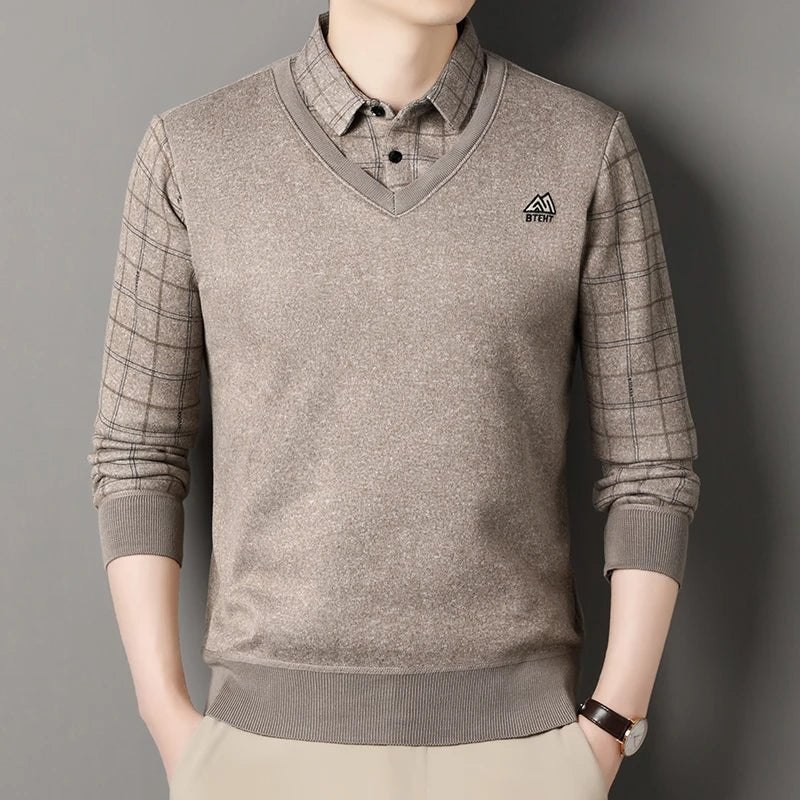 Men's Autumn Winter Fleece Pullover Polo Collar Sweater Knitwear Stripe Sweaters Thick Warm - PratSN