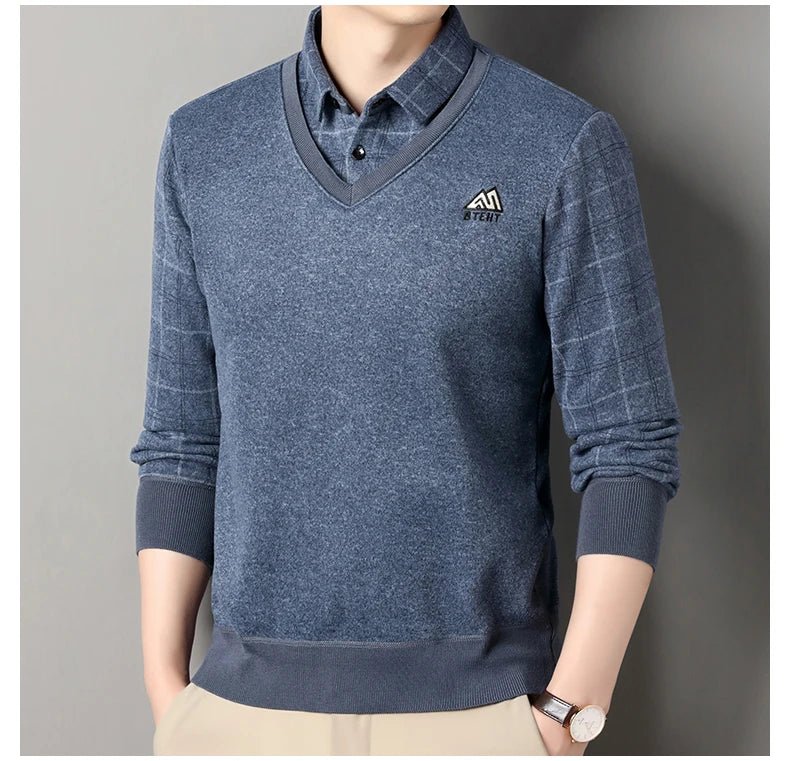 Men's Autumn Winter Fleece Pullover Polo Collar Sweater Knitwear Stripe Sweaters Thick Warm - PratSN
