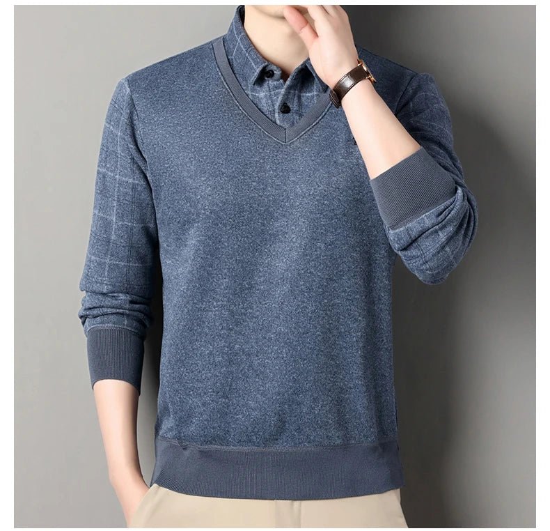 Men's Autumn Winter Fleece Pullover Polo Collar Sweater Knitwear Stripe Sweaters Thick Warm - PratSN