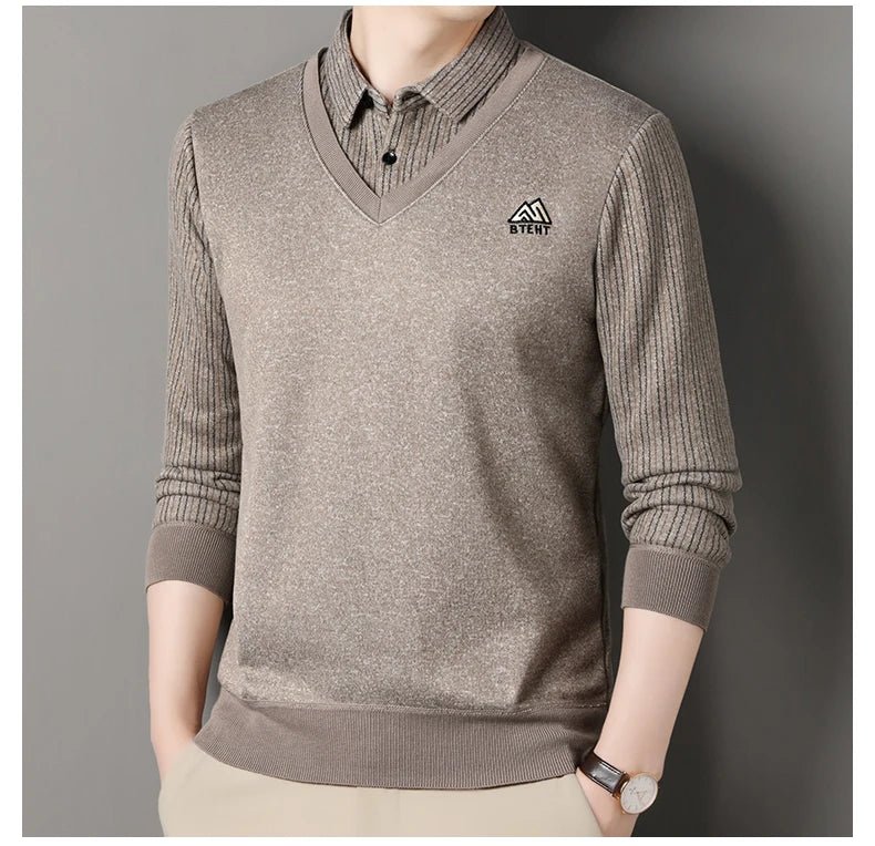 Men's Autumn Winter Fleece Pullover Polo Collar Sweater Knitwear Stripe Sweaters Thick Warm - PratSN