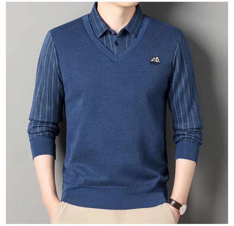 Men's Autumn Winter Fleece Pullover Polo Collar Sweater Knitwear Stripe Sweaters Thick Warm - PratSN