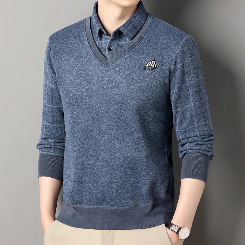 Men's Autumn Winter Fleece Pullover Polo Collar Sweater Knitwear Stripe Sweaters Thick Warm - PratSN