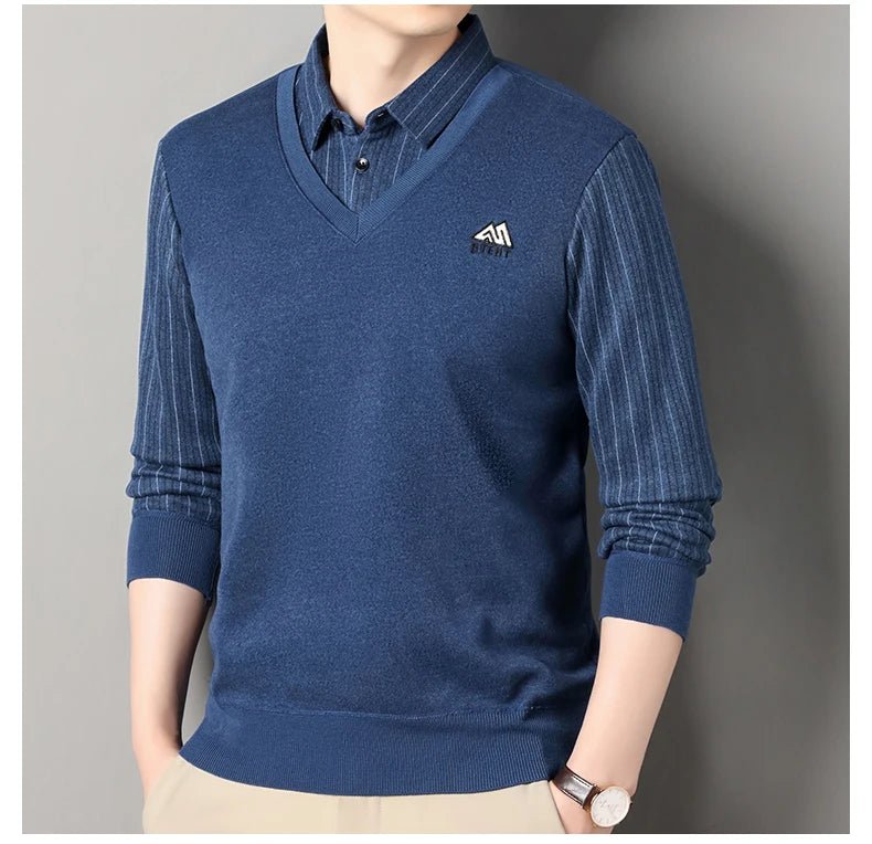 Men's Autumn Winter Fleece Pullover Polo Collar Sweater Knitwear Stripe Sweaters Thick Warm - PratSN