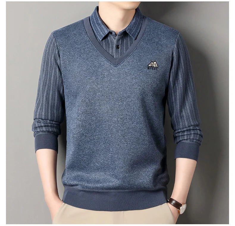 Men's Autumn Winter Fleece Pullover Polo Collar Sweater Knitwear Stripe Sweaters Thick Warm - PratSN