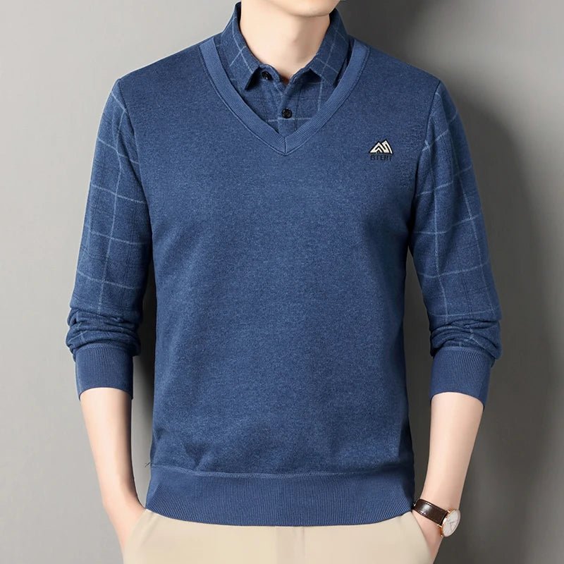 Men's Autumn Winter Fleece Pullover Polo Collar Sweater Knitwear Stripe Sweaters Thick Warm - PratSN
