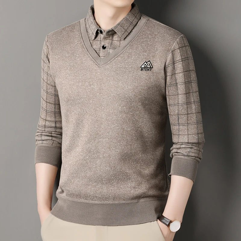 Men's Autumn Winter Fleece Pullover Polo Collar Sweater Knitwear Stripe Sweaters Thick Warm - PratSN