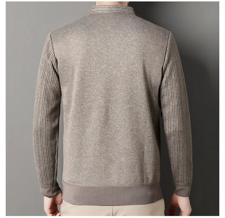 Men's Autumn Winter Fleece Pullover Polo Collar Sweater Knitwear Stripe Sweaters Thick Warm - PratSN