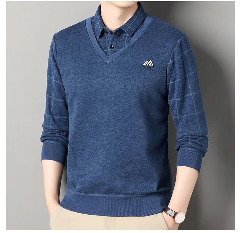 Men's Autumn Winter Fleece Pullover Polo Collar Sweater Knitwear Stripe Sweaters Thick Warm - PratSN