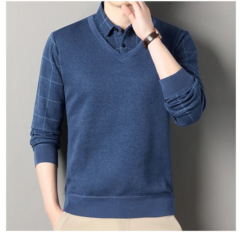Men's Autumn Winter Fleece Pullover Polo Collar Sweater Knitwear Stripe Sweaters Thick Warm - PratSN