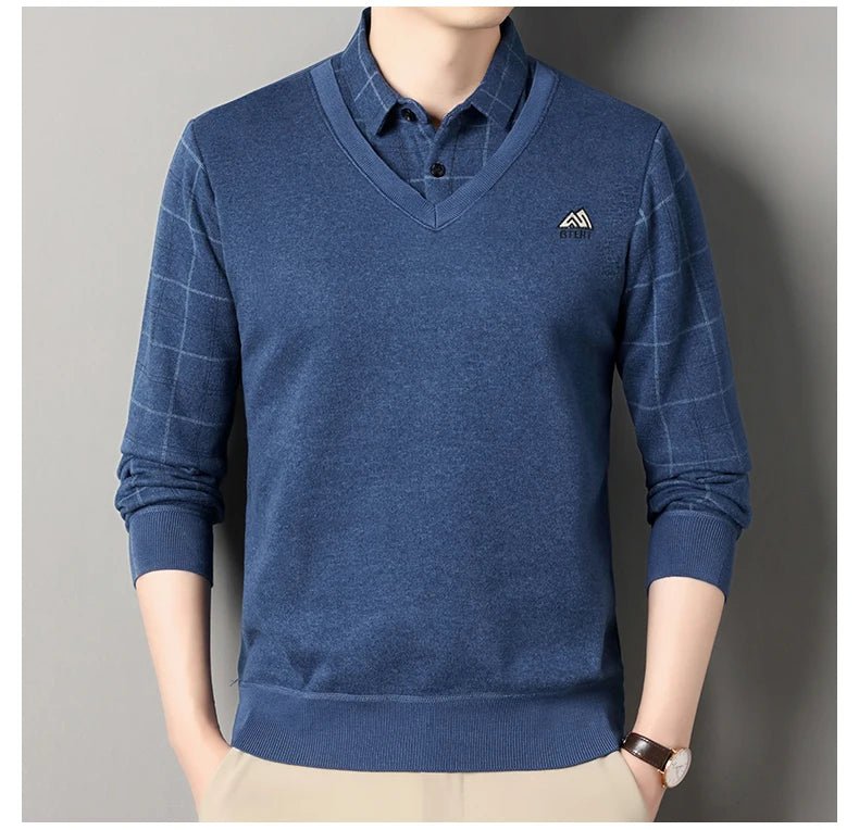 Men's Autumn Winter Fleece Pullover Polo Collar Sweater Knitwear Stripe Sweaters Thick Warm - PratSN