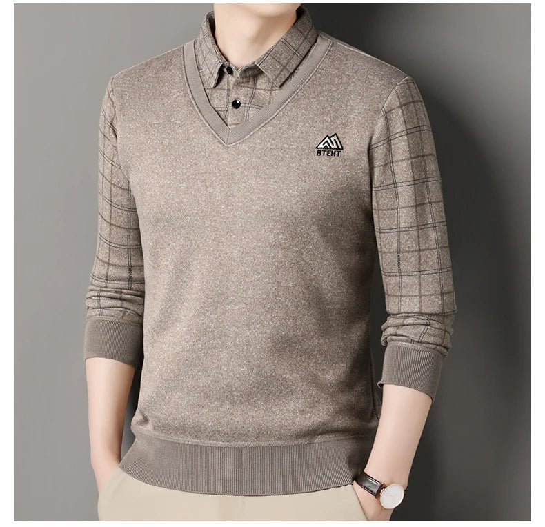 Men's Autumn Winter Fleece Pullover Polo Collar Sweater Knitwear Stripe Sweaters Thick Warm - PratSN