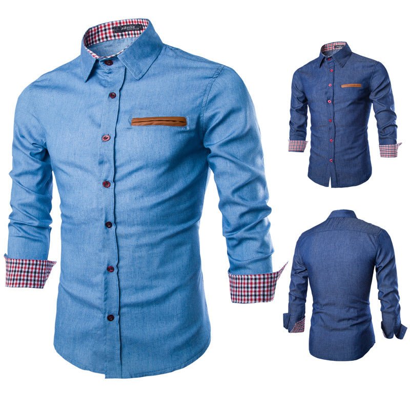 Men's Blue Slim - fit Long - sleeved Denim Shirt - PratSN