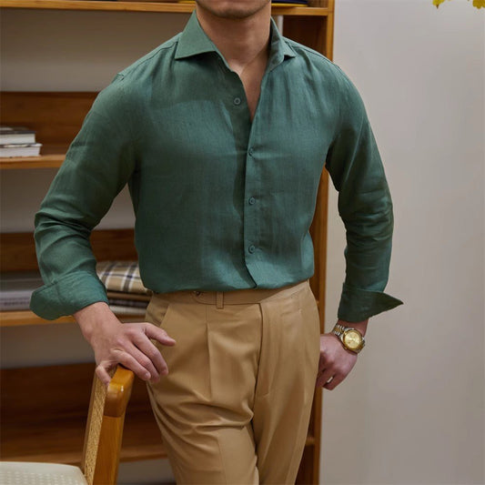 Men's Cotton Linen Casual Solid Color Long Sleeve Shirt - PratSN