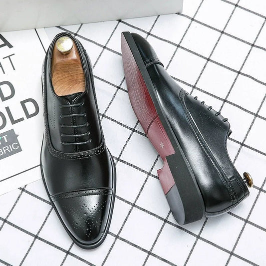 Men's Dress Shoes Red Sole Leather Shoes Pointed Party Shoe Lace - up Office Oxfords Casual Wedding Shoe Retro Business Men Shoes - PratSN