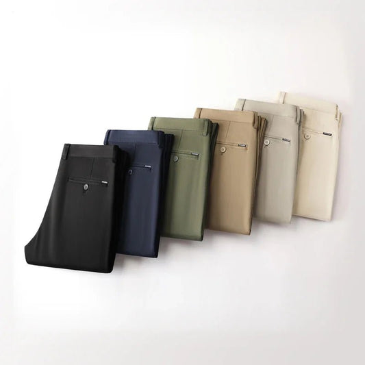 Men's Fashion Casual Pants Classic Style Business Straight Brand Fashion Anti - wrinkle Trousers Solid Color ArmyGreen Beige Khaki - PratSN