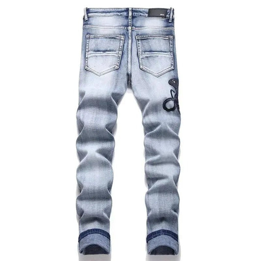 Men's Fashion Customized Men's Jeans Clothing Supplier Hip - hop Style Design Embroidery Fringe Tattered Straight - Leg Pants Men - PratSN