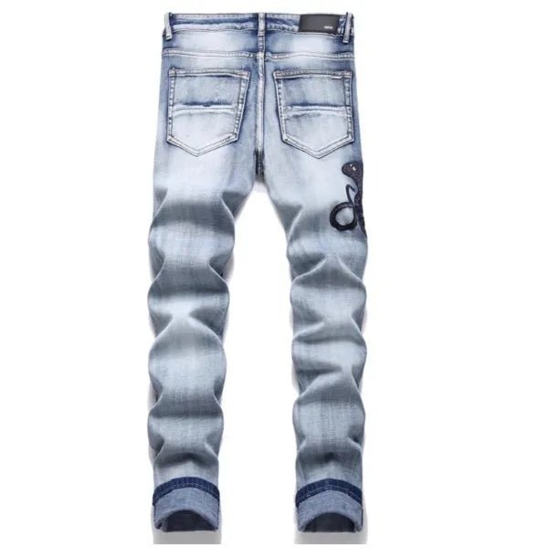 Men's Fashion Customized Men's Jeans Clothing Supplier Hip - hop Style Design Embroidery Fringe Tattered Straight - Leg Pants Men - PratSN