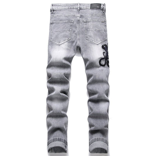 Men's Fashion Gray Hole Patch Embroidery Cobra Stretch Feet Jeans - PratSN
