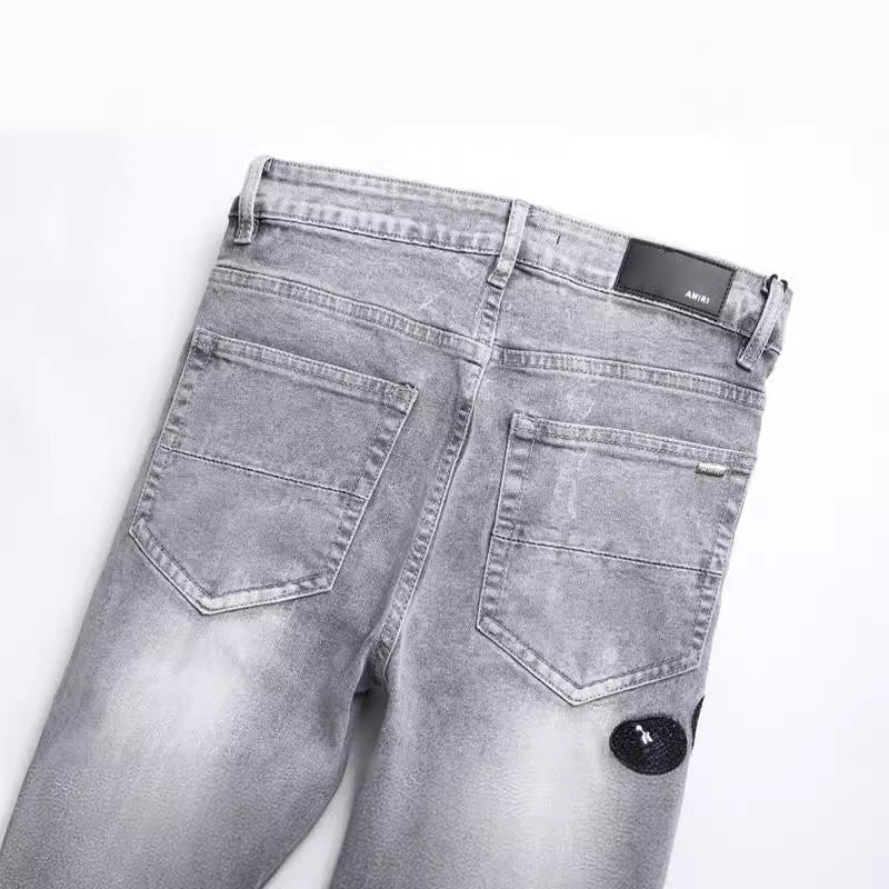 Men's Fashion Gray Hole Patch Embroidery Cobra Stretch Feet Jeans - PratSN
