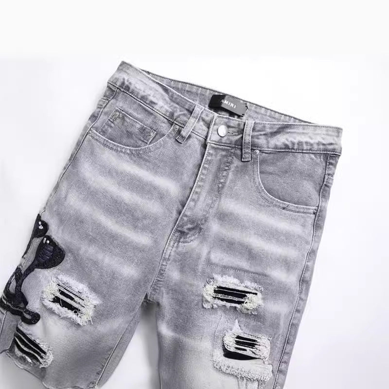 Men's Fashion Gray Hole Patch Embroidery Cobra Stretch Feet Jeans - PratSN