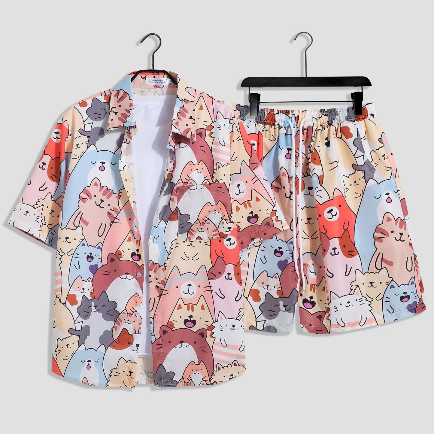 Mens Fashion Print Sets Short Sleeve Shirt+Shorts 2Pcs Suit Loose 2024 Summer Casual Beachwear Male Vacation Hawaiian Outfits - PratSN