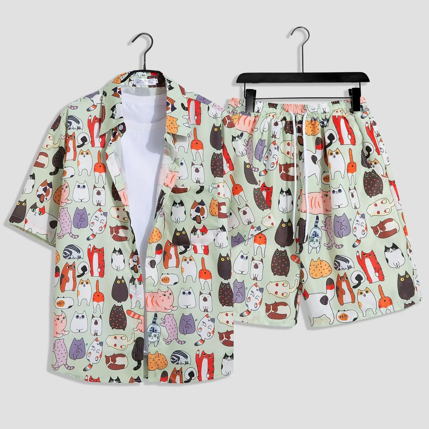 Mens Fashion Print Sets Short Sleeve Shirt+Shorts 2Pcs Suit Loose 2024 Summer Casual Beachwear Male Vacation Hawaiian Outfits - PratSN