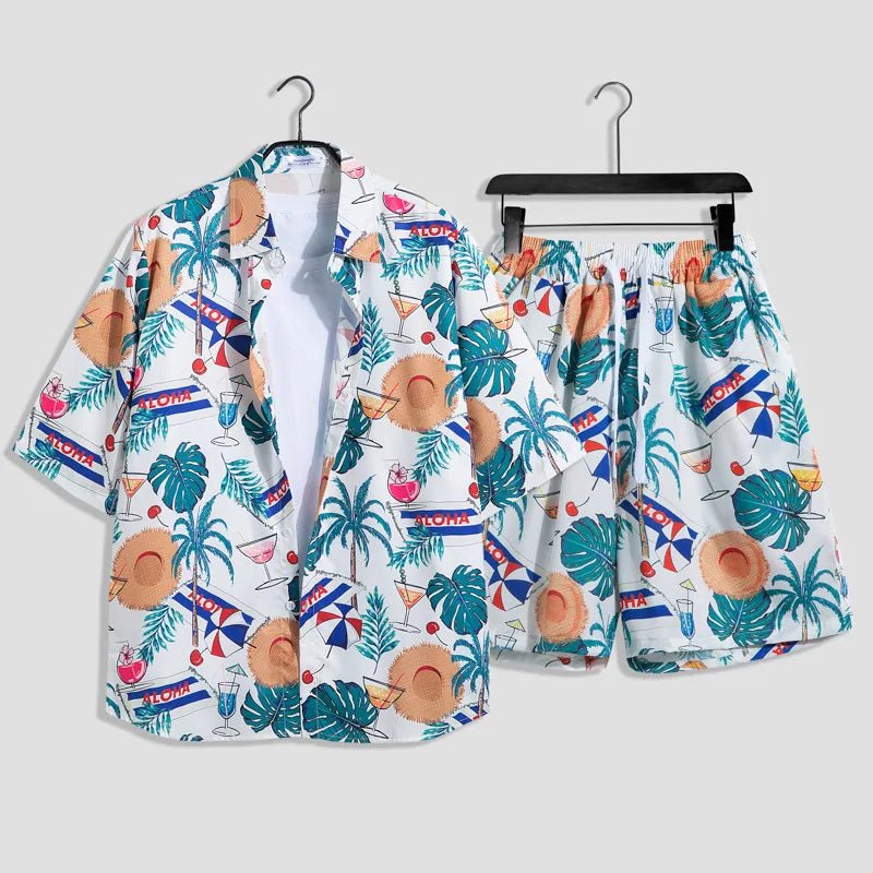 Mens Fashion Print Sets Short Sleeve Shirt+Shorts 2Pcs Suit Loose 2024 Summer Casual Beachwear Male Vacation Hawaiian Outfits - PratSN
