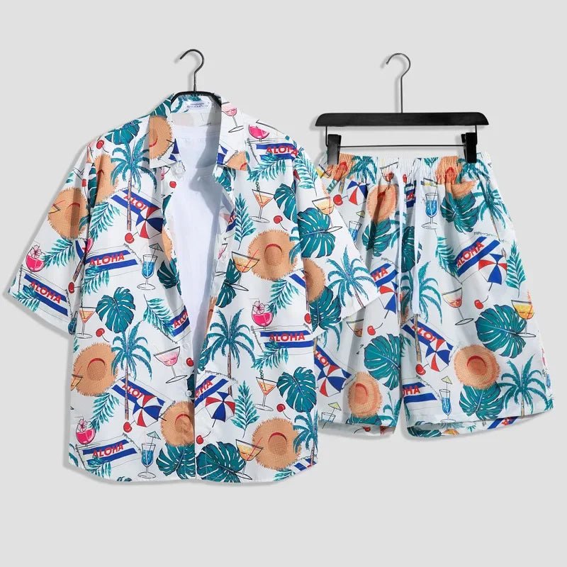 Mens Fashion Print Sets Short Sleeve Shirt+Shorts 2Pcs Suit Loose 2024 Summer Casual Beachwear Male Vacation Hawaiian Outfits - PratSN