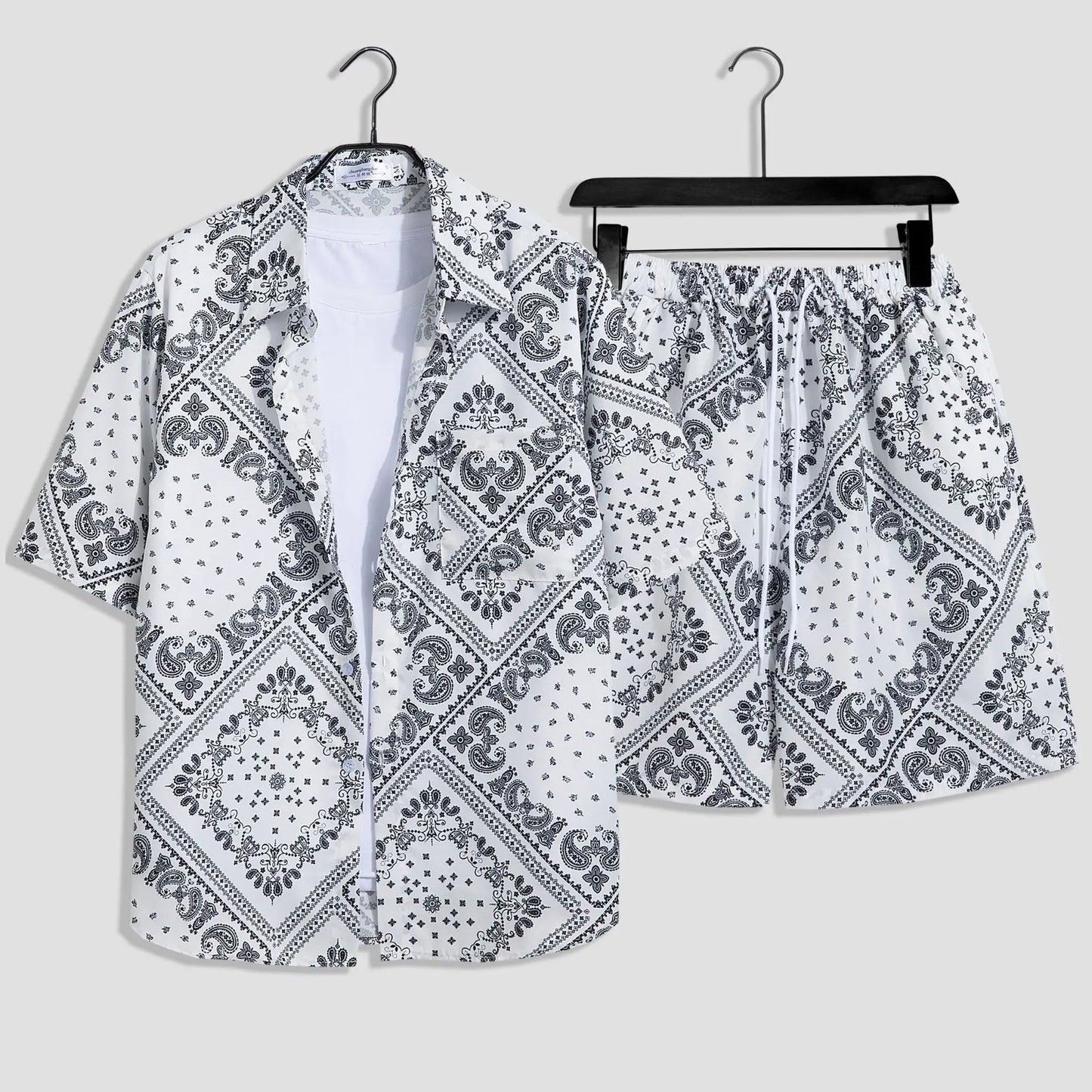 Mens Fashion Print Sets Short Sleeve Shirt+Shorts 2Pcs Suit Loose 2024 Summer Casual Beachwear Male Vacation Hawaiian Outfits - PratSN
