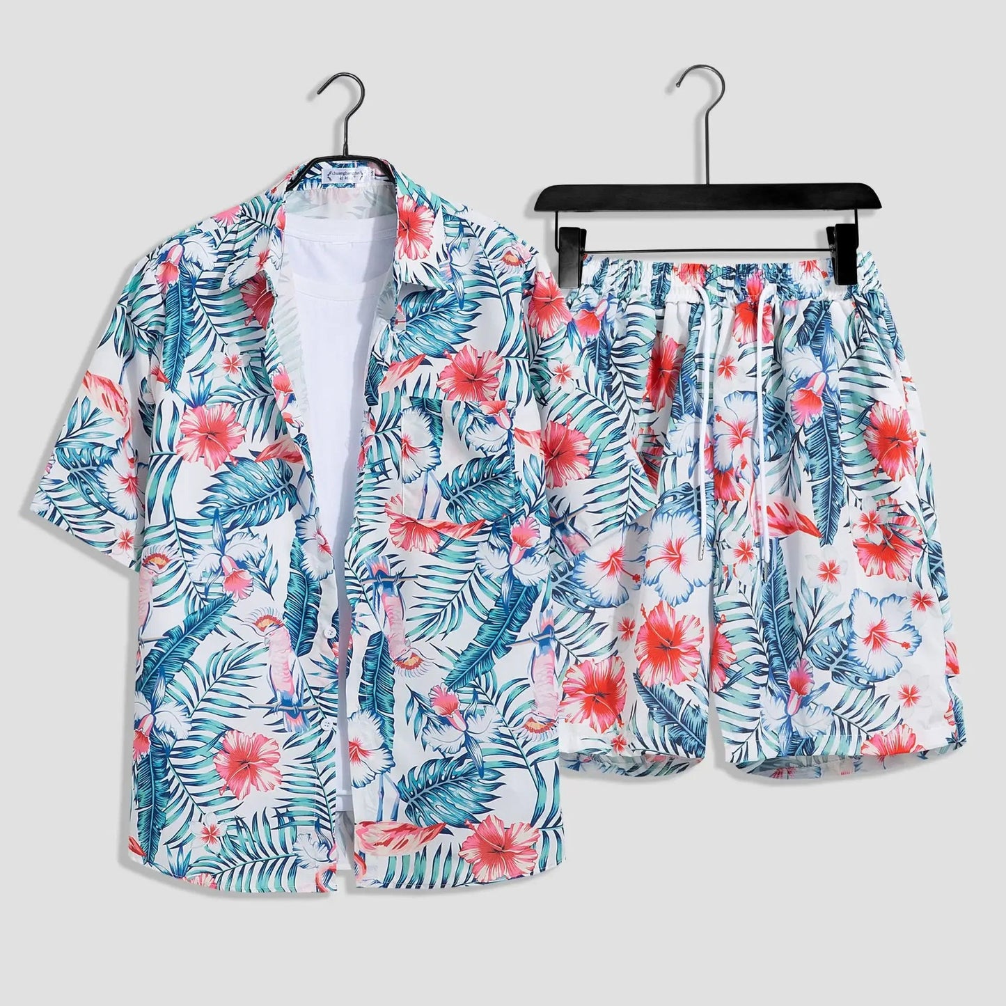 Mens Fashion Print Sets Short Sleeve Shirt+Shorts 2Pcs Suit Loose 2024 Summer Casual Beachwear Male Vacation Hawaiian Outfits - PratSN